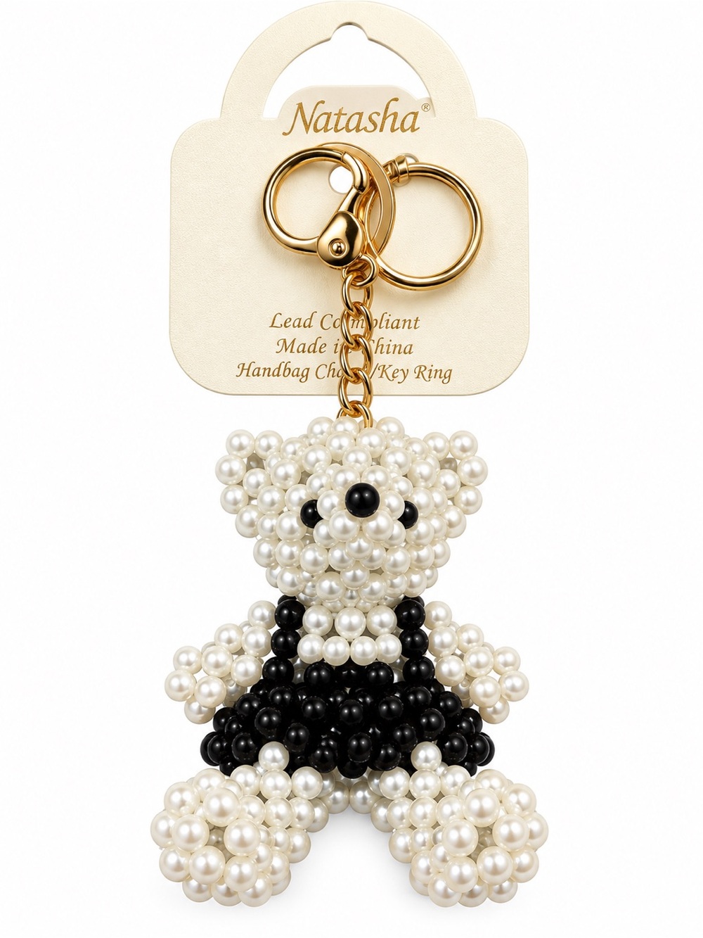 Natasha Large Pearl Beaded Teddy Bear Handbag Charm / Keychain 3.5”